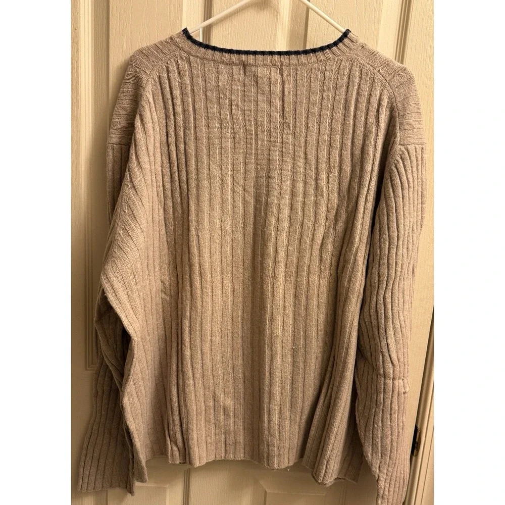 Old Navy Mens Ribbed V Neck Sweater Beige With Navy Blue Trim Pullover Size‎ XL